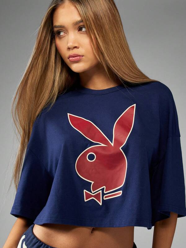 Missguided Missguided X Playboy Bunny Crop T-Shirt Navy Blue Oversized Short Sleeve