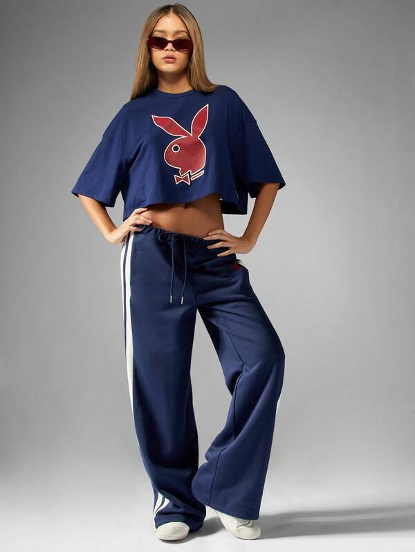 Missguided Missguided X Playboy Bunny Crop T-Shirt Navy Blue Oversized Short Sleeve