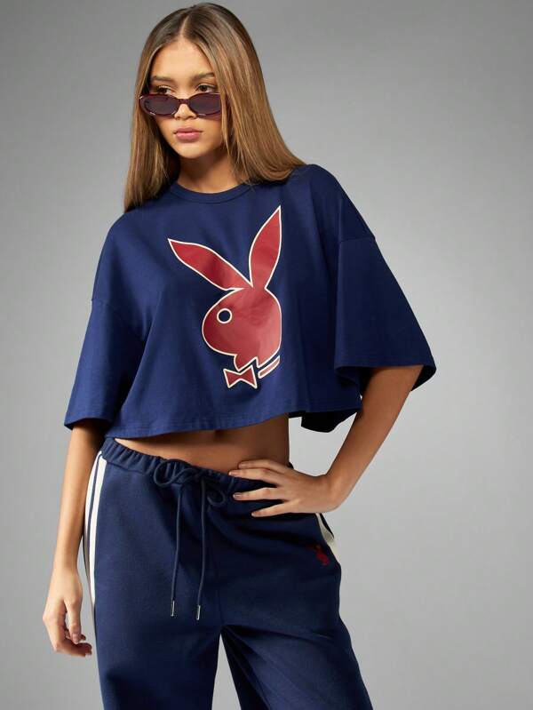 missguided Missguided x Playboy Bunny Crop T-Shirt Navy Blue Oversized Short Sleeve