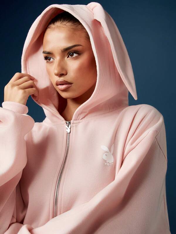Missguided Missguided X Playboy Bunny Ear Zip Through Hoodie With Rabbit Hood Design
