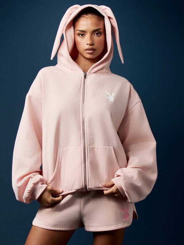 missguided Missguided x Playboy Bunny Ear Zip Through Hoodie With Rabbit Hood Design