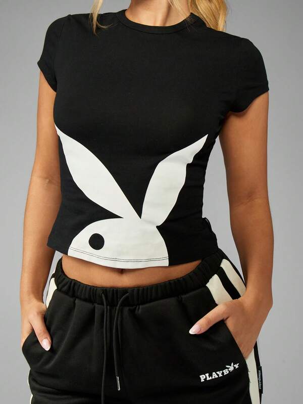 Missguided Missguided X Playboy Bunny Graphic Crop Short Sleeve Fitted T-Shirt
