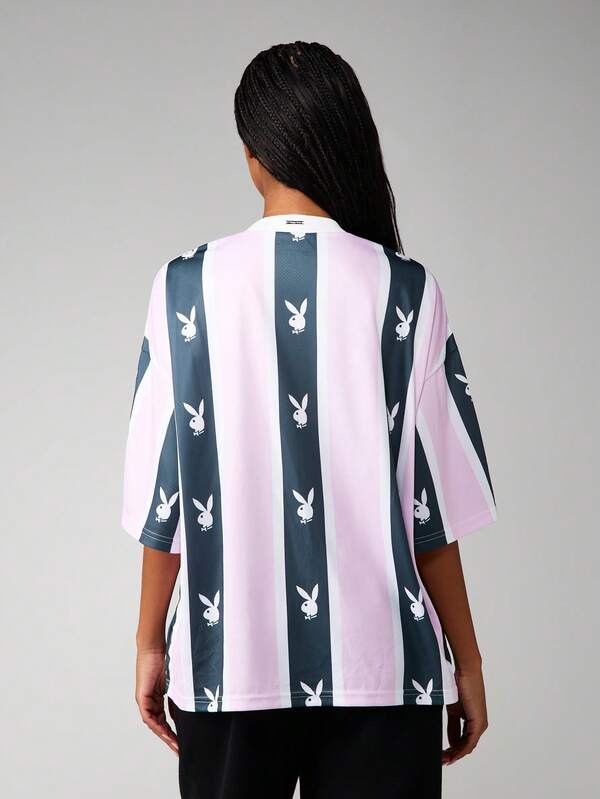 Missguided Missguided X Playboy Bunny Head Stripe Oversized V-Neck Football Jersey Tee