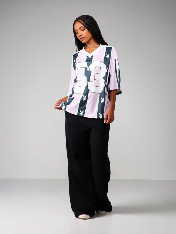 Missguided Missguided X Playboy Bunny Head Stripe Oversized V-Neck Football Jersey Tee