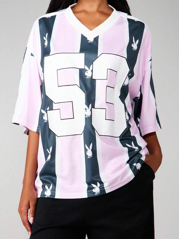 Missguided Missguided X Playboy Bunny Head Stripe Oversized V-Neck Football Jersey Tee