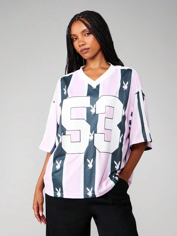 missguided Missguided x Playboy Bunny Head Stripe Oversized V-Neck Football Jersey Tee