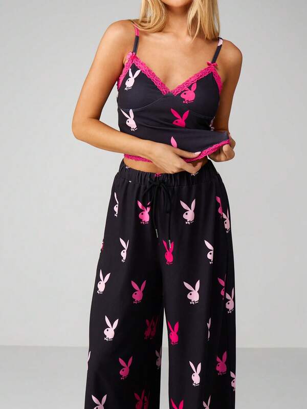 Missguided Missguided X Playboy Bunny Lace Trim Pajama Set