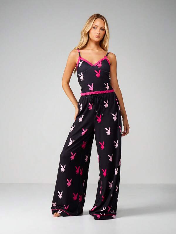 missguided Missguided x Playboy Bunny Lace Trim Pajama Set