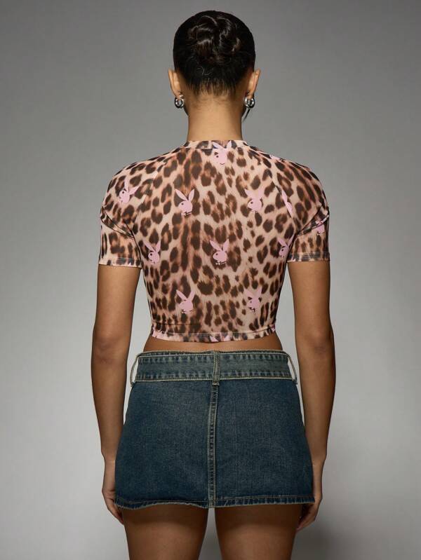 Missguided Missguided X Playboy Bunny Leopard Print Mesh Short Sleeve T-Shirt