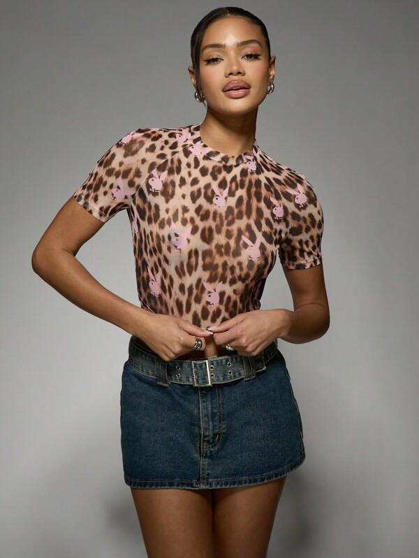 missguided Missguided x Playboy Bunny Leopard Print Mesh Short Sleeve T-Shirt