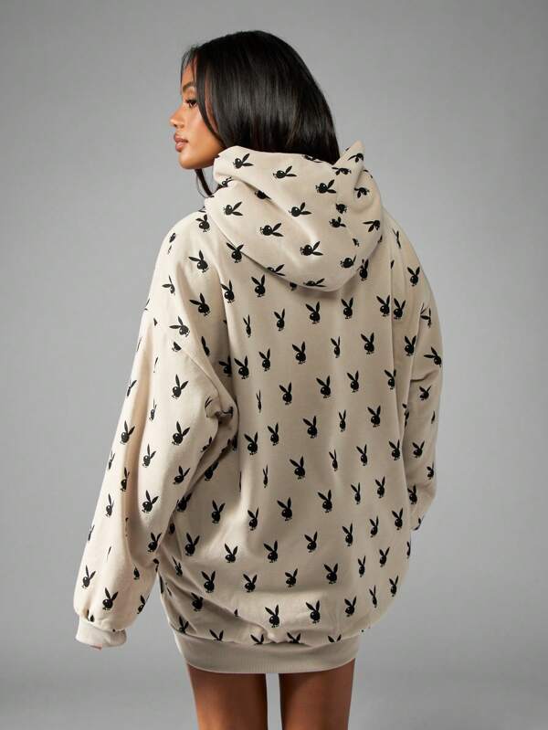 Missguided Missguided X Playboy Bunny Logo All Over Print Oversized Cozy Hoodie Sweatshirt