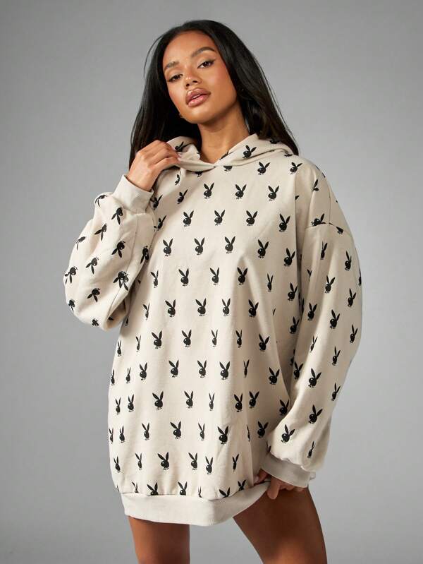 Missguided Missguided X Playboy Bunny Logo All Over Print Oversized Cozy Hoodie Sweatshirt