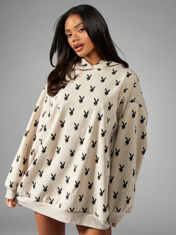 missguided Missguided x Playboy Bunny Logo All Over Print Oversized Cozy Hoodie Sweatshirt