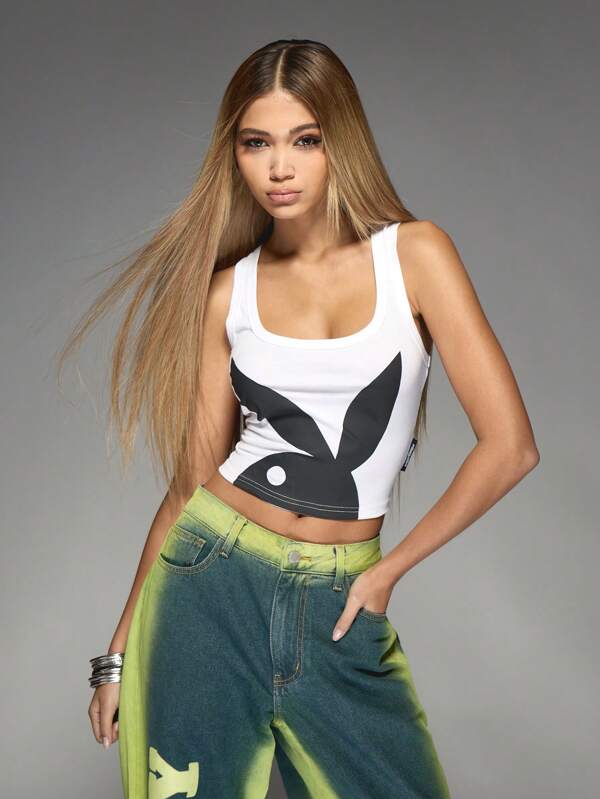 missguided Missguided x Playboy Bunny Logo Crop Tank With Racerback Design