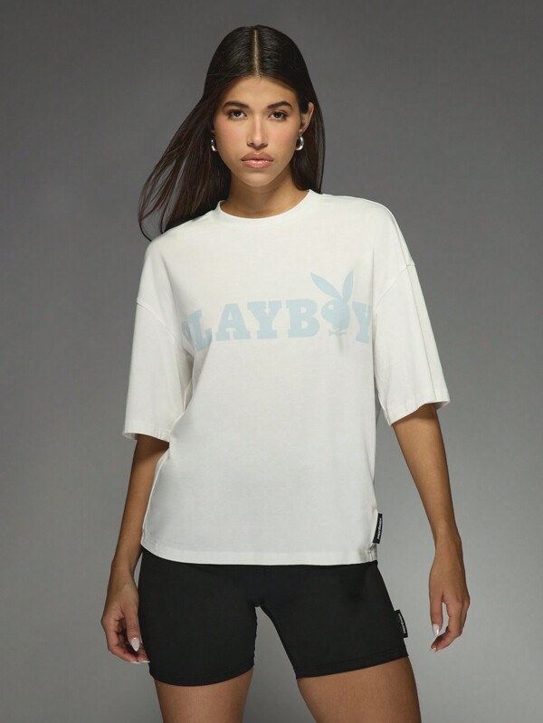 missguided Missguided x Playboy Bunny Logo Print Round Neck Boxy Short Sleeve Casual T-Shirt