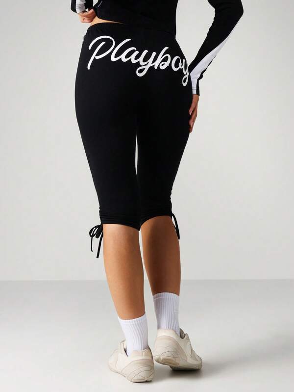 Missguided Missguided X Playboy Bunny Logo Stripe Capri Leggings With Side Ties