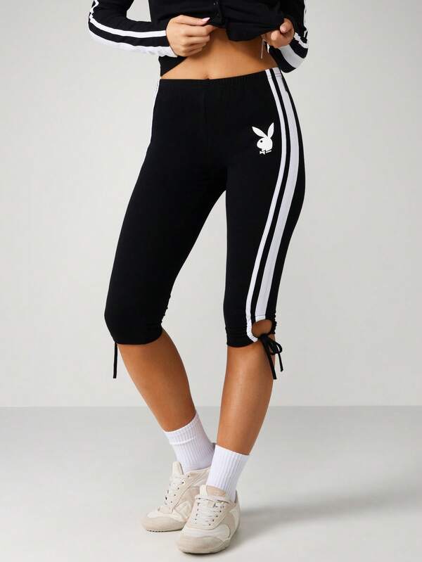 missguided Missguided x Playboy Bunny Logo Stripe Capri Leggings With Side Ties