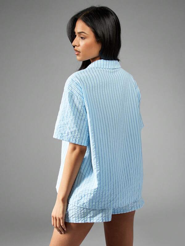 Missguided Missguided X Playboy Bunny Logo Striped Button-Up Oversized Short Sleeve Blouse