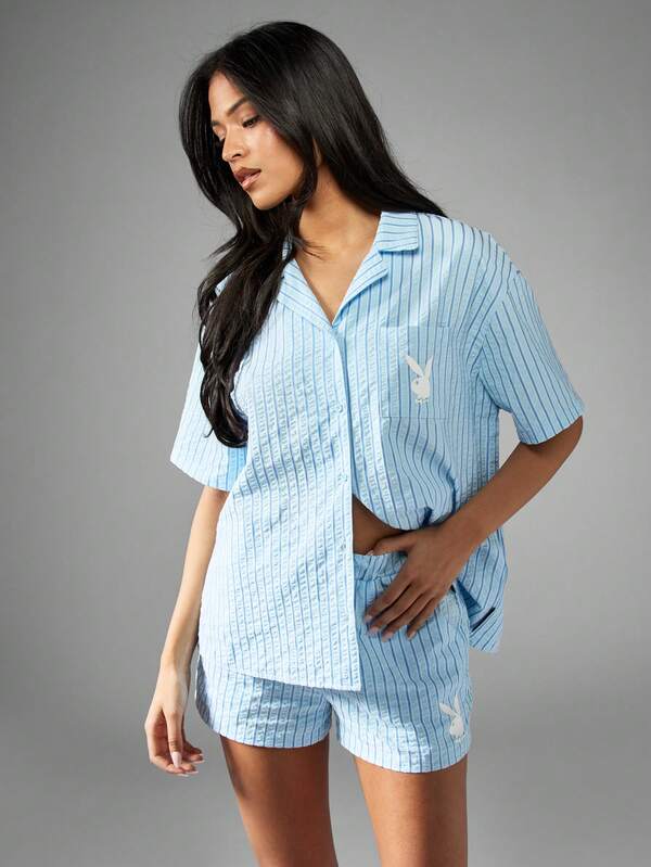 Missguided Missguided X Playboy Bunny Logo Striped Button-Up Oversized Short Sleeve Blouse