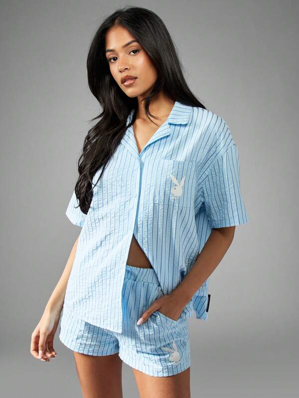 missguided Missguided x Playboy Bunny Logo Striped Button-Up Oversized Short Sleeve Blouse
