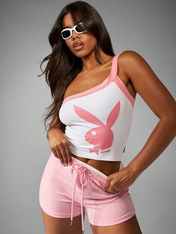 missguided Missguided x Playboy Bunny One Shoulder Crop Sleeveless Fitted Retro Street Style Tank Top Camisole