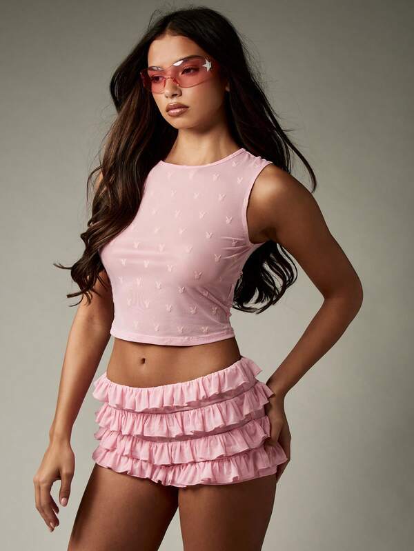 Missguided Missguided X Playboy Bunny Pattern Crop Top With Tiered Ruffle Mini Skirt