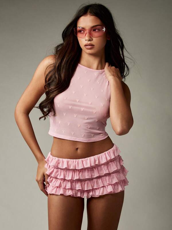 missguided Missguided x Playboy Bunny Pattern Crop Top With Tiered Ruffle Mini Skirt