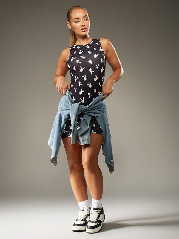Missguided Missguided X Playboy Bunny Print Bodycon Mini Dress With Sleeveless Design