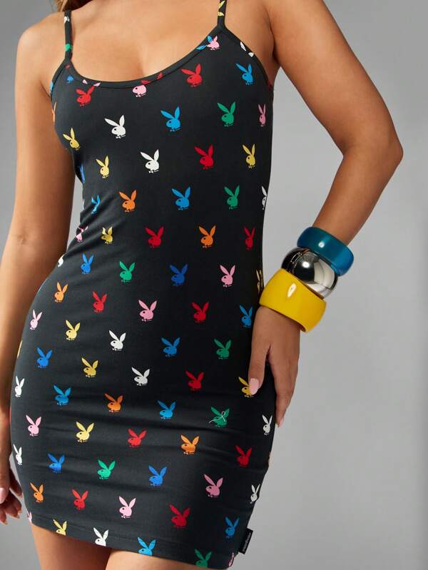 missguided Missguided x Playboy Bunny Print Bodycon Mini Dress With Spaghetti Straps