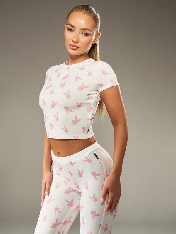 Missguided Missguided X Playboy Bunny Print Crop Top And Capri Pants Set