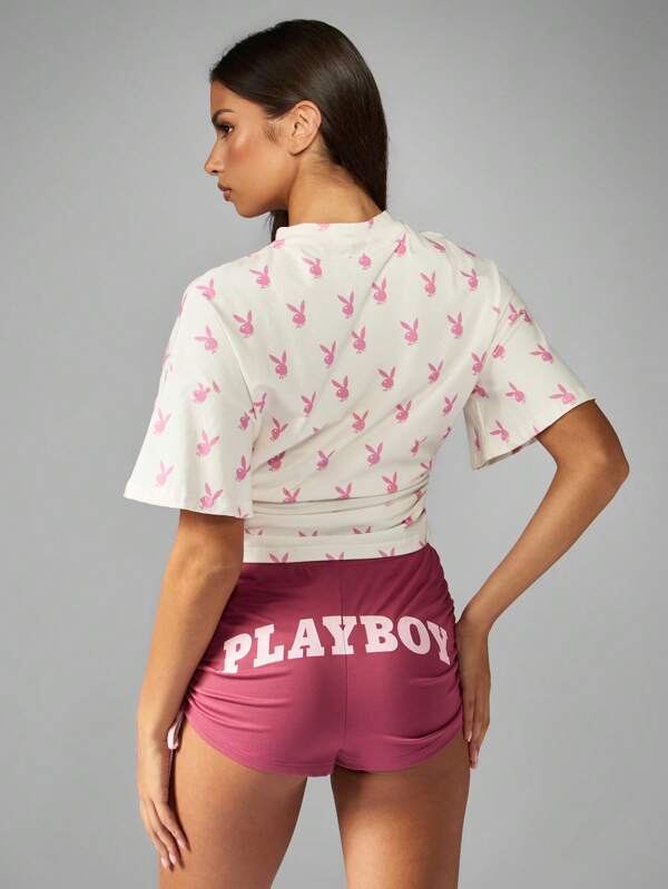 Missguided Missguided X Playboy Bunny Print Cropped T Shirt With Ruched Waist