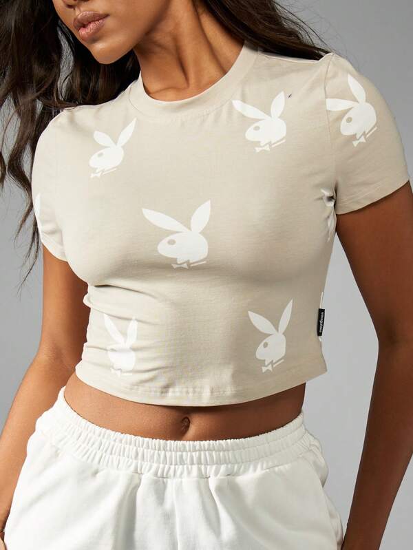 Missguided Missguided X Playboy Bunny Print Fitted Baby Tee Crop Top