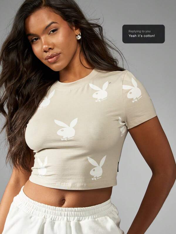 missguided Missguided x Playboy Bunny Print Fitted Baby Tee Crop Top