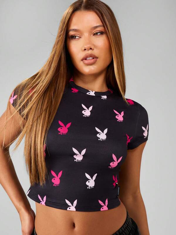 Missguided Missguided X Playboy Bunny Print Fitted Cropped T-Shirt