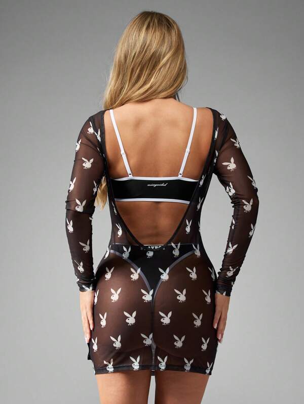 Missguided Missguided X Playboy Bunny Print Long Sleeve Mini Dress With Mesh Overlay