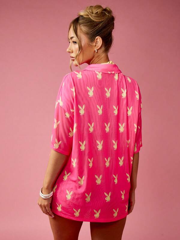 Missguided Missguided X Playboy Bunny Print Mesh Oversized Sheer Button Down Pink Women Blouse