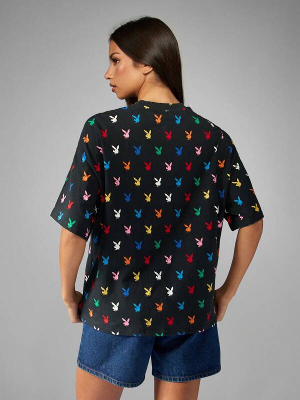 Missguided Missguided X Playboy Bunny Print Oversized T Shirt With All Over Pattern