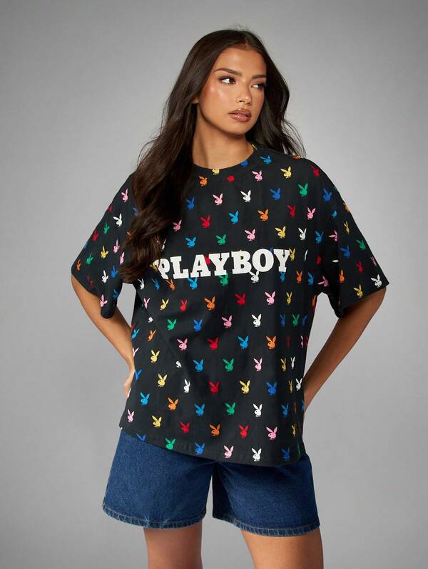 Missguided Missguided X Playboy Bunny Print Oversized T Shirt With All Over Pattern