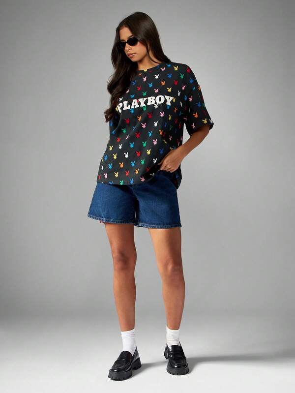 Missguided Missguided X Playboy Bunny Print Oversized T Shirt With All Over Pattern
