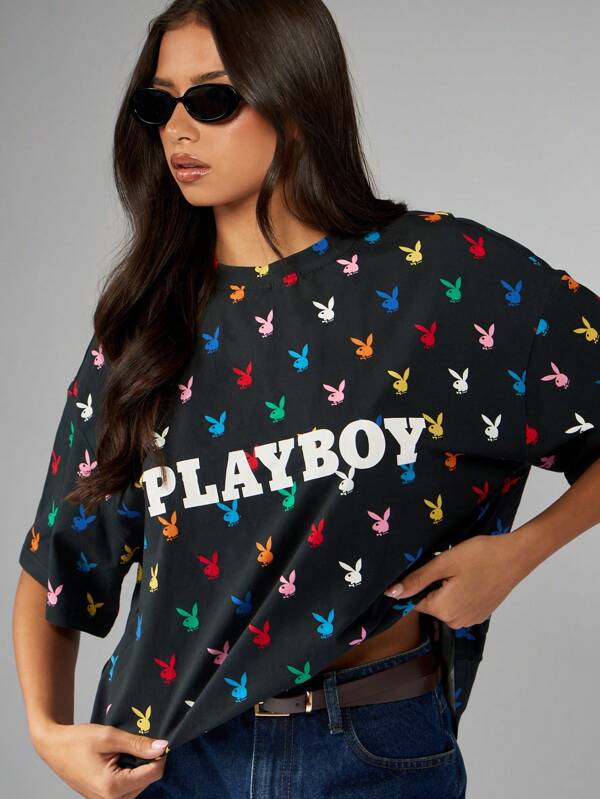 missguided Missguided x Playboy Bunny Print Oversized T Shirt With All Over Pattern