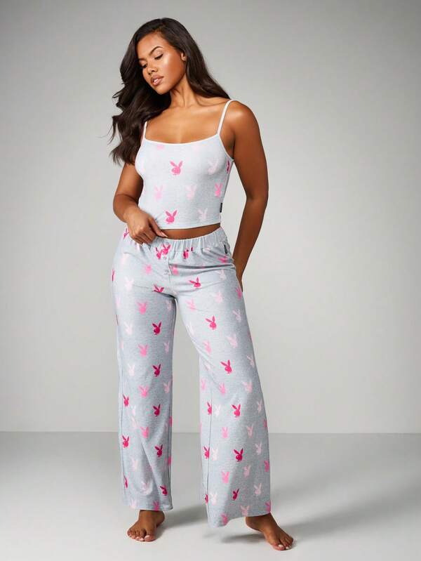 missguided Missguided x Playboy Bunny Print Pajama Set With Cami And Wide Leg Pants
