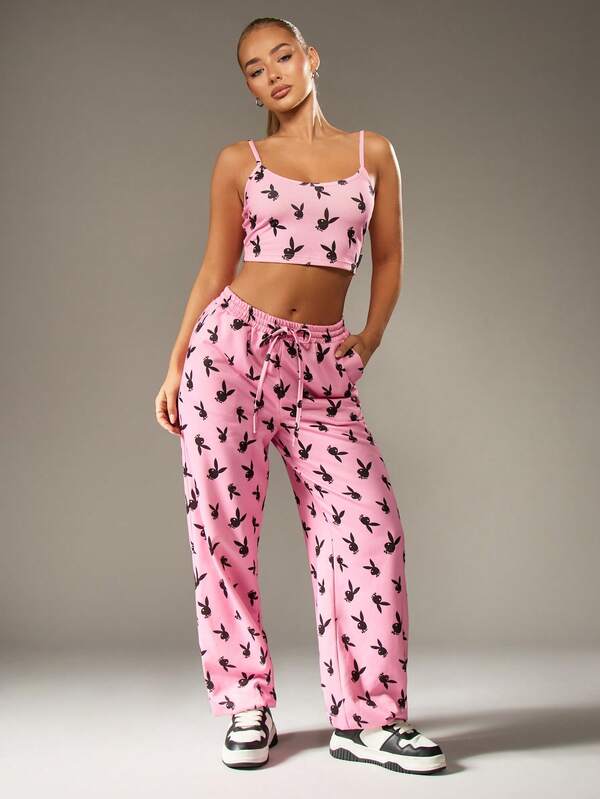 missguided Missguided x Playboy Bunny Print Sweatpants With Drawstring Waist