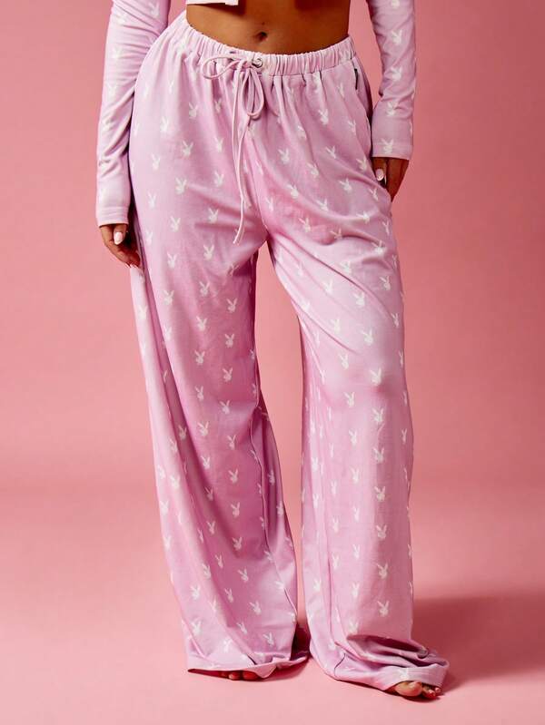 Missguided Missguided X Playboy Bunny Print Two Piece Lounge Set Long Sleeve Crop Top Wide Leg Pants