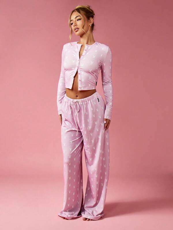 missguided Missguided x Playboy Bunny Print Two Piece Lounge Set Long Sleeve Crop Top Wide Leg Pants