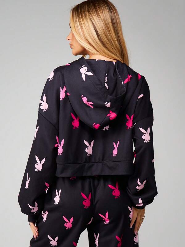 Missguided Missguided X Playboy Bunny Print Zip Up Hoodie With Drawstring