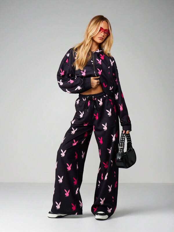 Missguided Missguided X Playboy Bunny Print Zip Up Hoodie With Drawstring