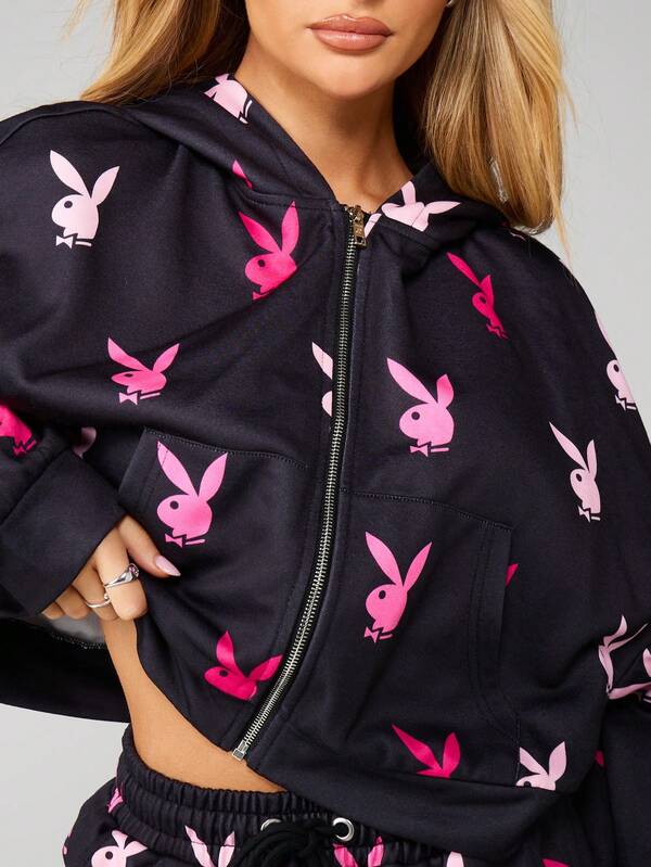 Missguided Missguided X Playboy Bunny Print Zip Up Hoodie With Drawstring