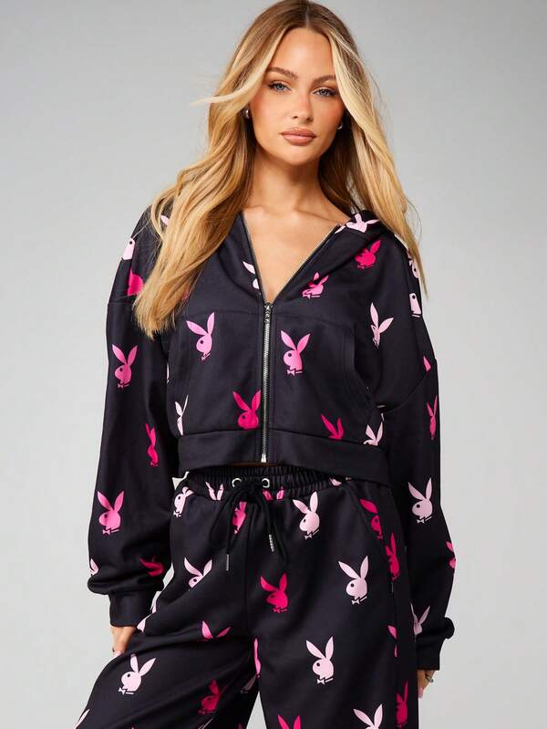 missguided Missguided x Playboy Bunny Print Zip Up Hoodie With Drawstring