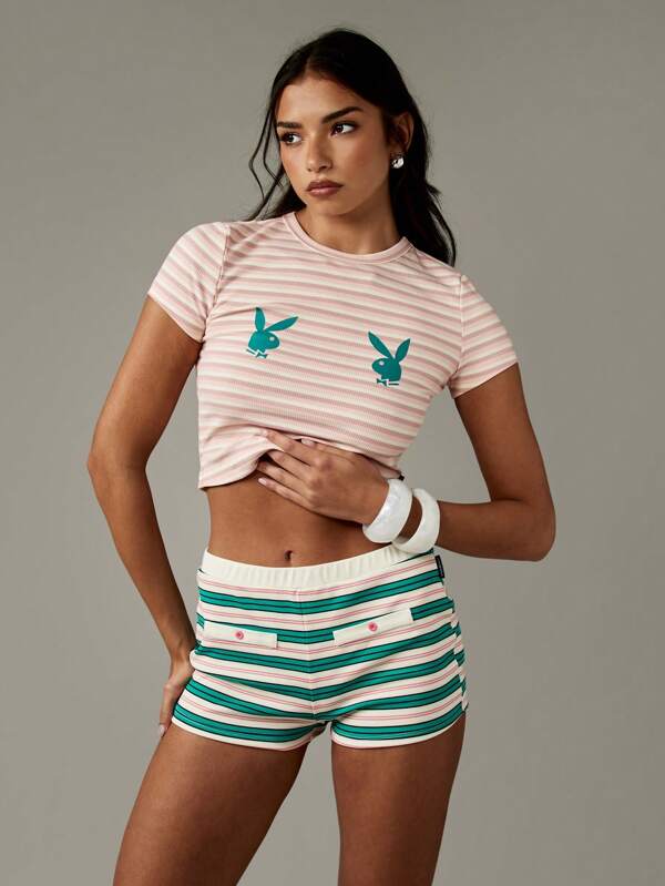 missguided Missguided x Playboy Bunny Stripe Ribbed Crop Tee
