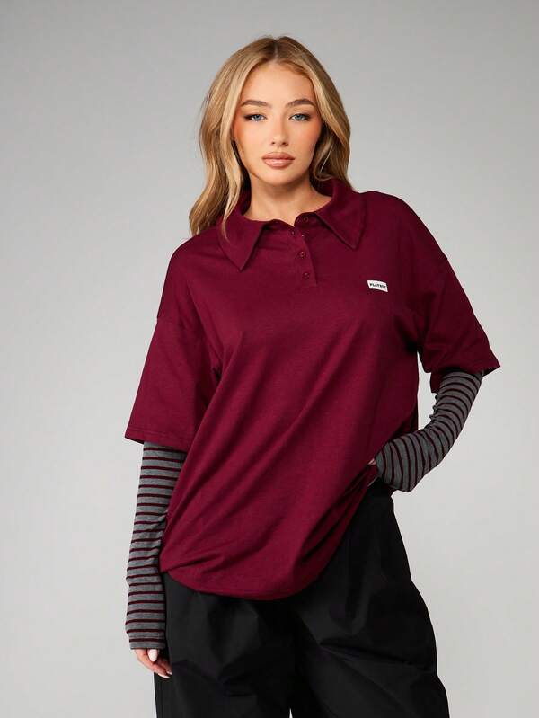 missguided Missguided x Playboy Burgundy Polo With Striped Sleeves